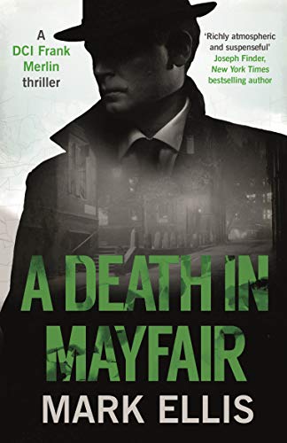 Book cover: detective in hat, city street background, title “A Death in Mayfair”.