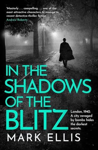 Book cover: a man in a coat walks down a dark, bombed street.