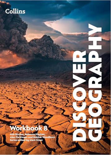 Collins Discover Geography Workbook 8 cover with a volcanic landscape.