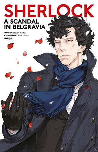 Manga cover featuring Sherlock Holmes in a coat and scarf, with falling petals.