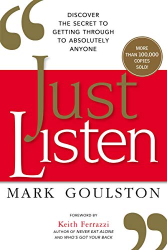 Book cover for Just Listen by Mark Goulston with red background and quote marks.