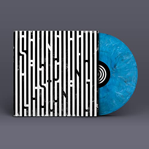 Vinyl record with blue marbled disc and black and white striped cover.