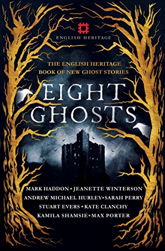 Book cover: “Eight Ghosts” with ghostly trees and a haunted house.