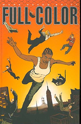 Comic book cover with a woman leaping over a city skyline.