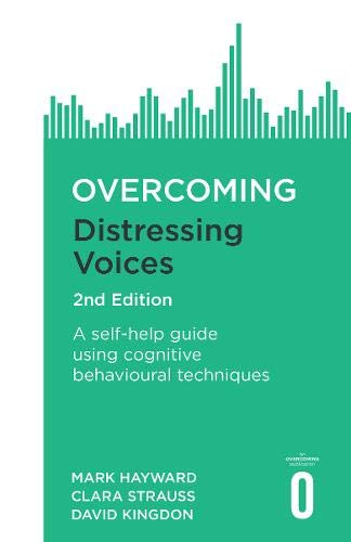 Book cover: "Overcoming Distressing Voices, 2nd Edition" with green and white text.