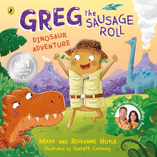 Sausage roll character with dinosaurs in a prehistoric landscape.