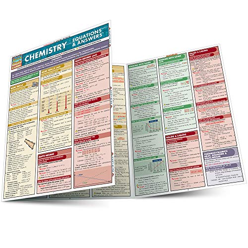 The image depicts a trifold reference guide titled "Chemistry: Equations & Answers". For accessibility purposes, a suitable alt text could be: "A trifold chart with chemistry information and diagrams."