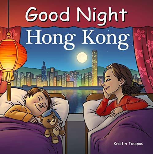 Children looking at Hong Kong skyline at night from a window.