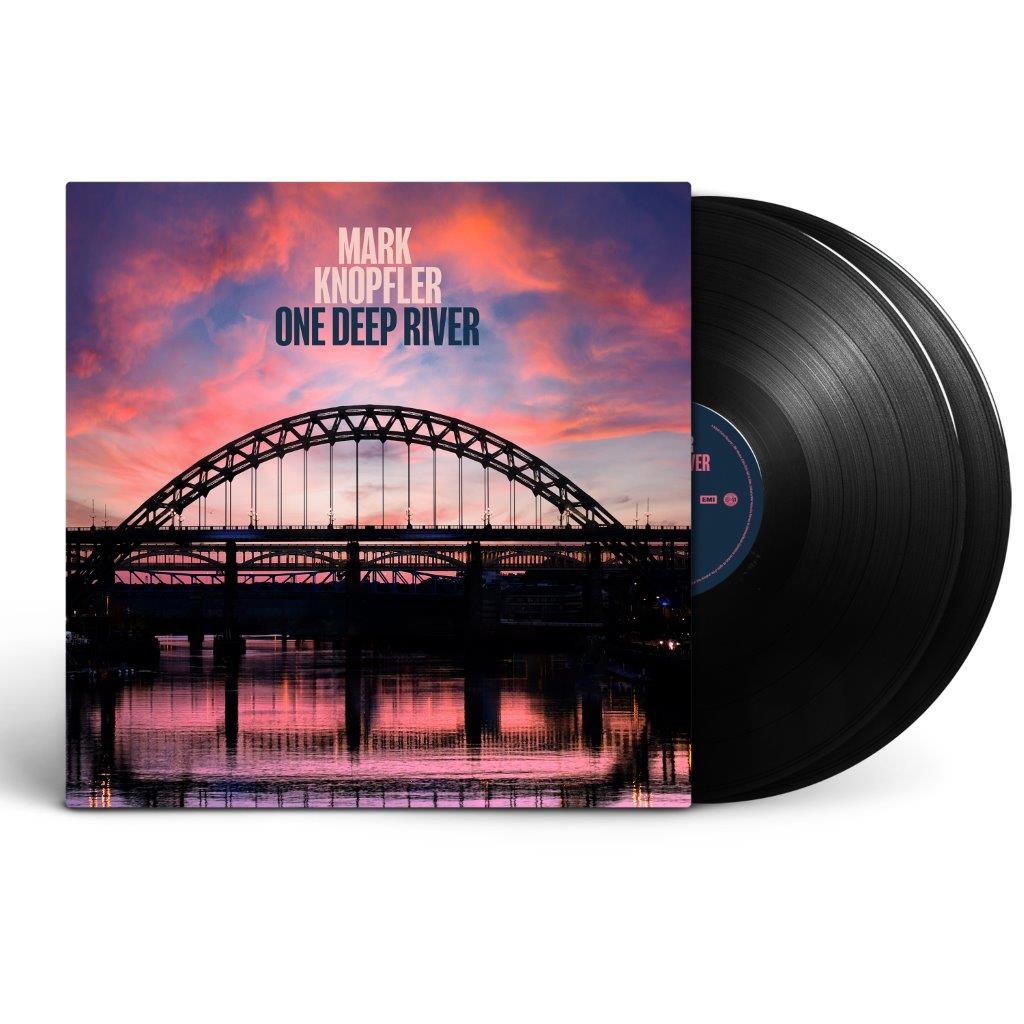 Vinyl record and cover featuring a bridge silhouette against a pink sunset sky.