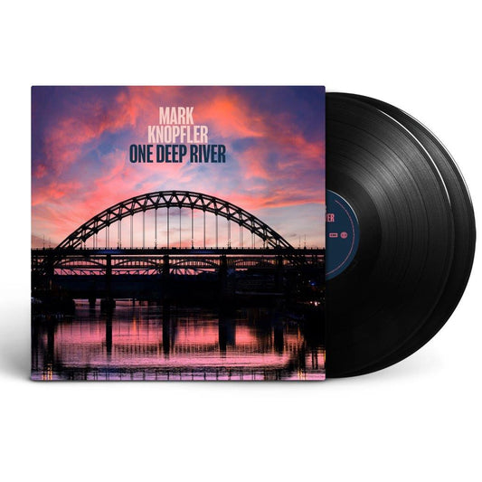 Vinyl record and cover featuring a bridge silhouette against a pink sunset sky.