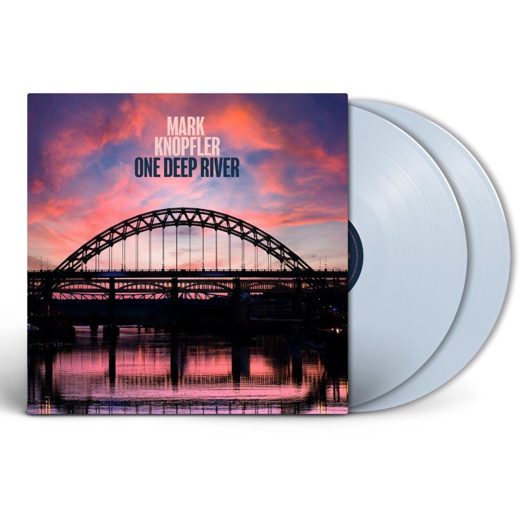 Mark Knopfler One Deep River vinyl album cover featuring a bridge over a river.