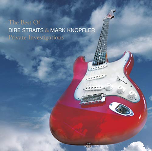 A red electric guitar angled against a blue sky with white clouds.