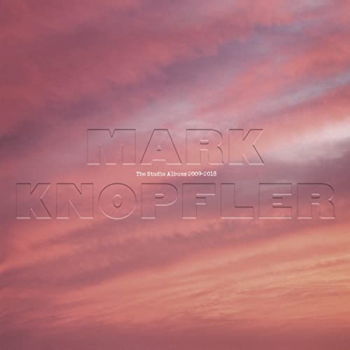 Album cover with Mark Knopfler's name over a pink and orange cloudy sky.