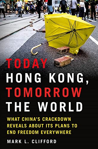 Book cover with protest imagery: yellow umbrella, bricks, and red text.