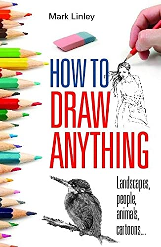 Drawing instruction book with pencils, sketches of a bird and person.