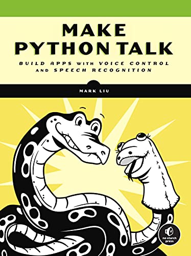 Book cover with cartoon snake and hand puppet, titled "Make Python Talk".