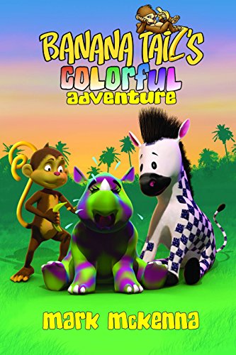 Cartoon monkey, rhino, and zebra on a colorful book cover.