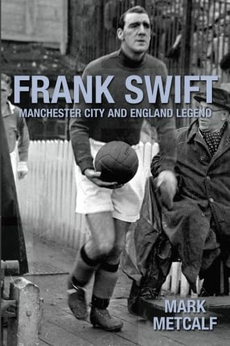 Black and white portrait of footballer Frank Swift holding a soccer ball.