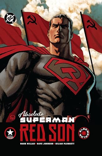 Superman with a red "S" shield, standing before Soviet flags.