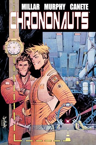 Comic book cover featuring two men in orange suits with a large clock.