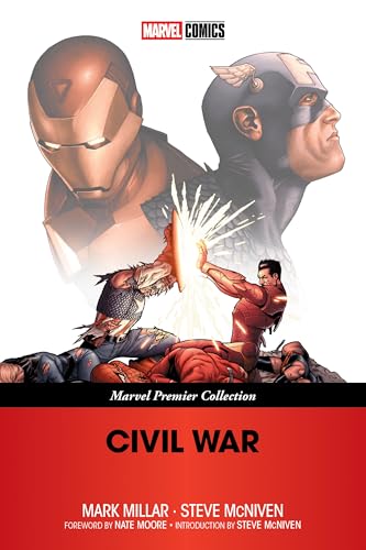 Iron Man and Captain America fight in front of their large faded portraits.