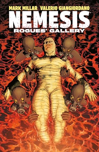 Comic book cover featuring a bandaged figure surrounded by gas mask heads.