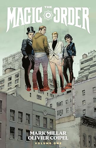 Comic book cover: group of people standing on a city rooftop.