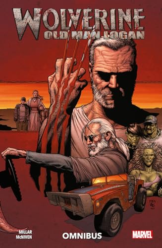 Comic book cover featuring an older Wolverine with claws, driving a vehicle in wasteland.