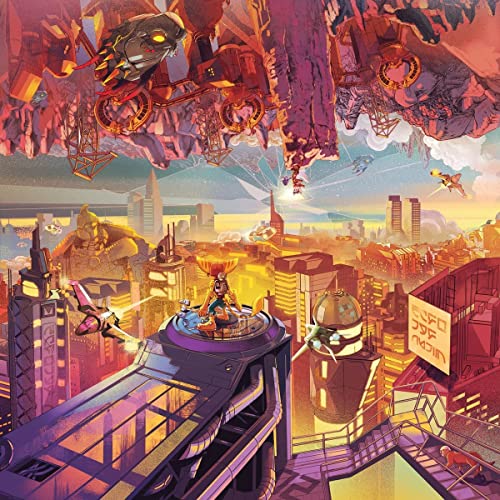 Colorful cityscape with futuristic vehicles and characters, album artwork.