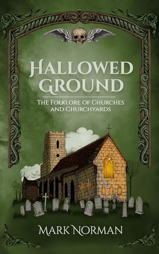 Book cover: church illustration, skull with wings, dark green background.
