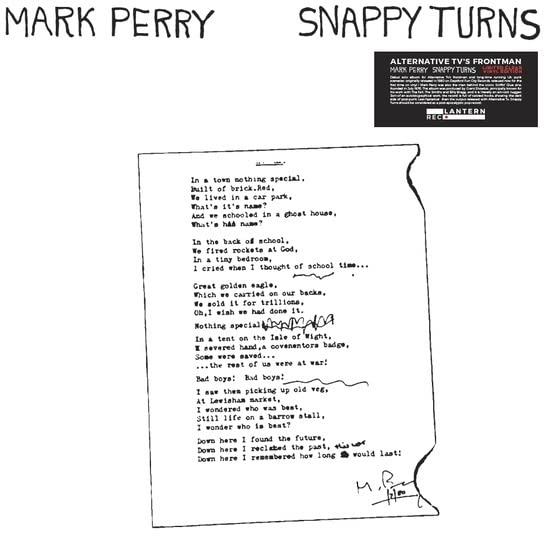 Vinyl record cover featuring handwritten lyrics on a distressed paper background.