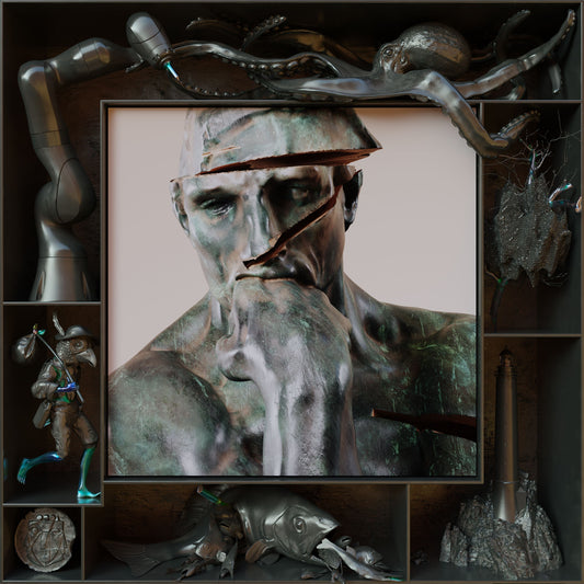 CD cover art featuring a fractured, metallic bust and surreal imagery.