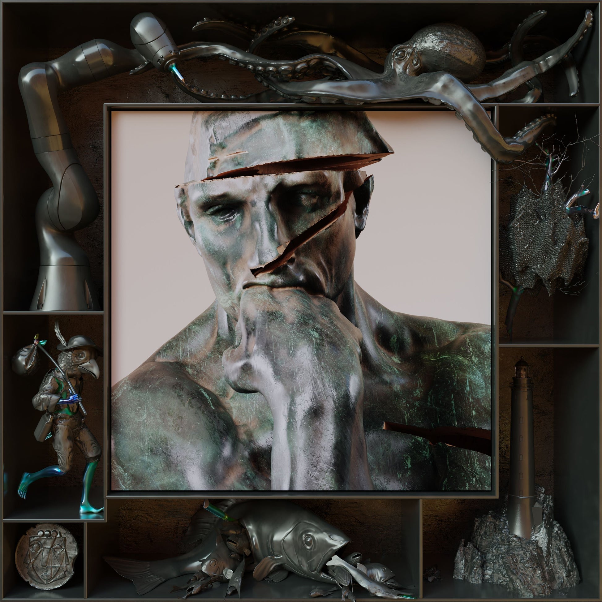 Album cover: bronze bust with fragmented face, surrounded by metallic sculptures.