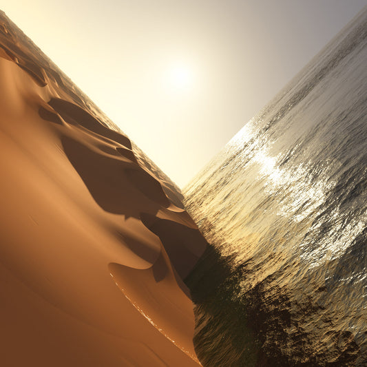 A split view of sand dunes and ocean water under a bright sun.