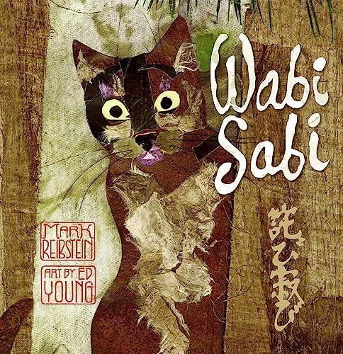 Collage-style cat portrait with textured background and handwritten title "Wabi Sabi".