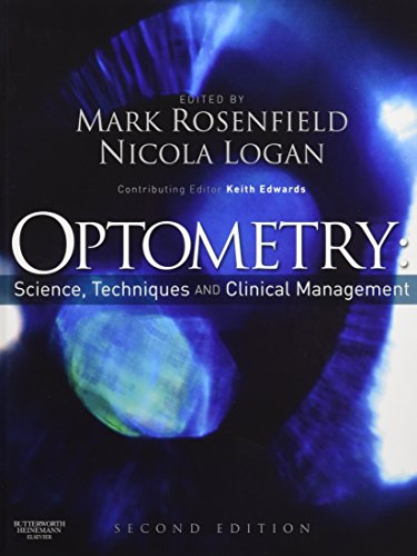 Textbook cover featuring a close-up of a blue human eye, titled "Optometry.
