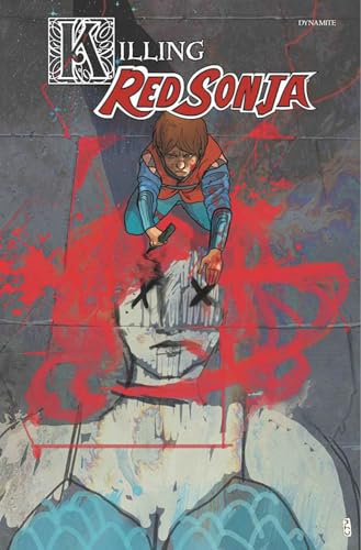 Comic book cover: Red Sonja kneels over a stone face with a dagger.