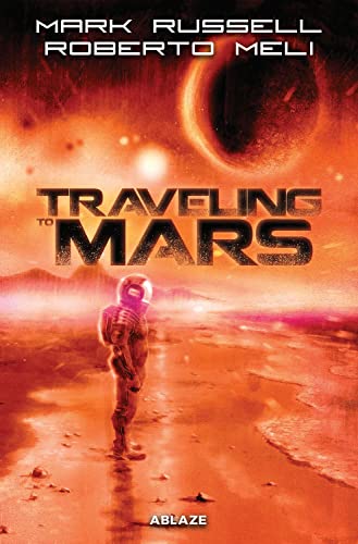 Book cover: astronaut on Mars with planet in fiery sky.