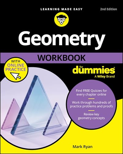 Geometry workbook cover with a prism, text, and "For Dummies" branding.