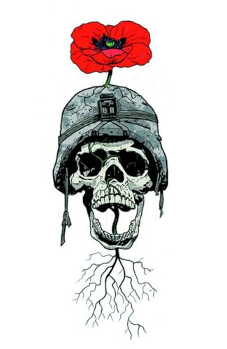 Skull wearing a military helmet with a red poppy growing from it.