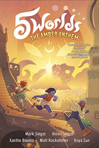 Book cover: three young characters running towards a glowing, fantastical city.