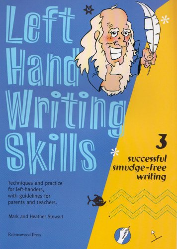 Book cover with blue and yellow design, cartoon man with quill.