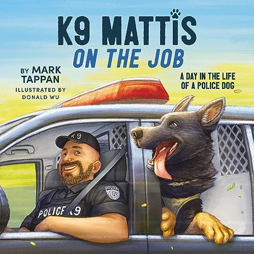 A police officer and a K9 dog smiling from inside a patrol car.