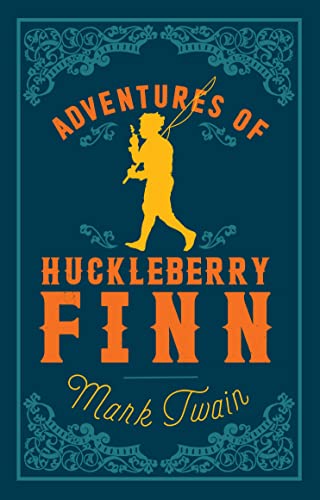 Book cover: "Adventures of Huckleberry Finn" with silhouette of a boy.