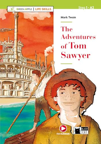 Book cover of “The Adventures of Tom Sawyer” with illustrated boy and steamboat.