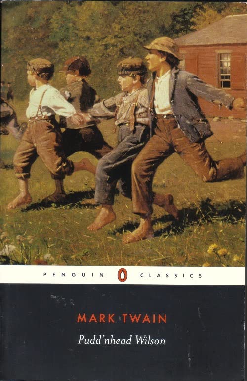 A painting of four boys running barefoot through a field near a house.