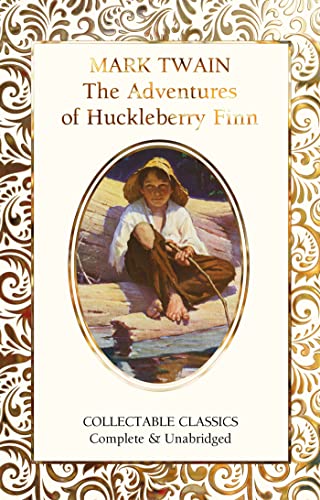 Book cover of "The Adventures of Huckleberry Finn" featuring a boy with a fishing pole.