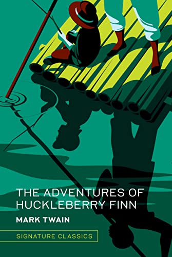 Book cover: illustrated raft scene with figures and text, "Huckleberry Finn".