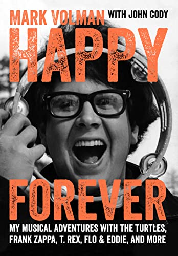Book cover: black and white portrait of a man with headphones, title "Happy Forever".
