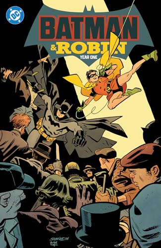 Batman and Robin leap above a crowd of people in this comic book cover.